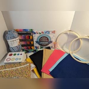 Embroidery Book Bundle & 10 Felt Fabric Squares in various colors, needles, Yarn